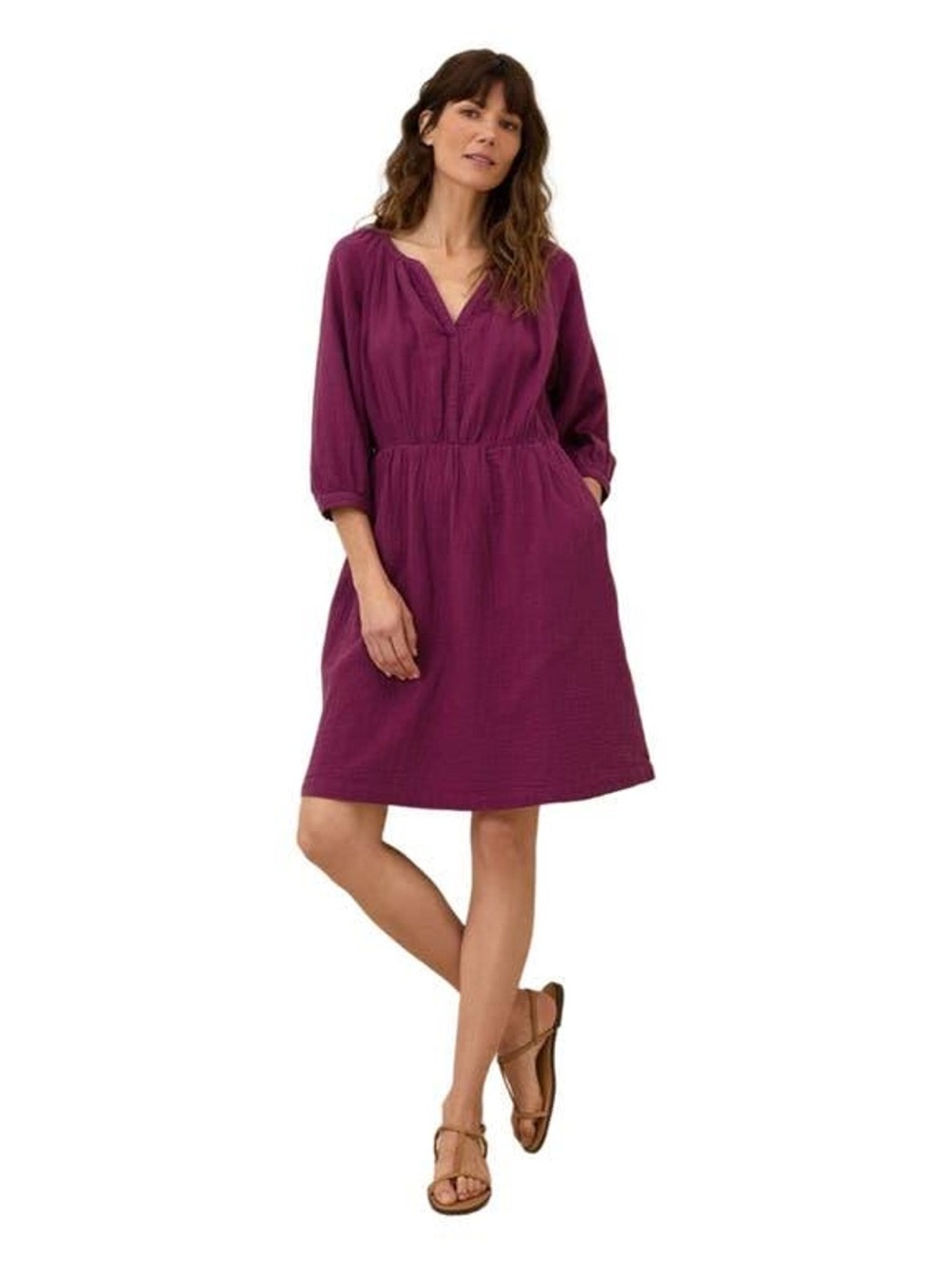 Pact Plum V-Neck Gathered Waist Mini Dress cotton gauze
